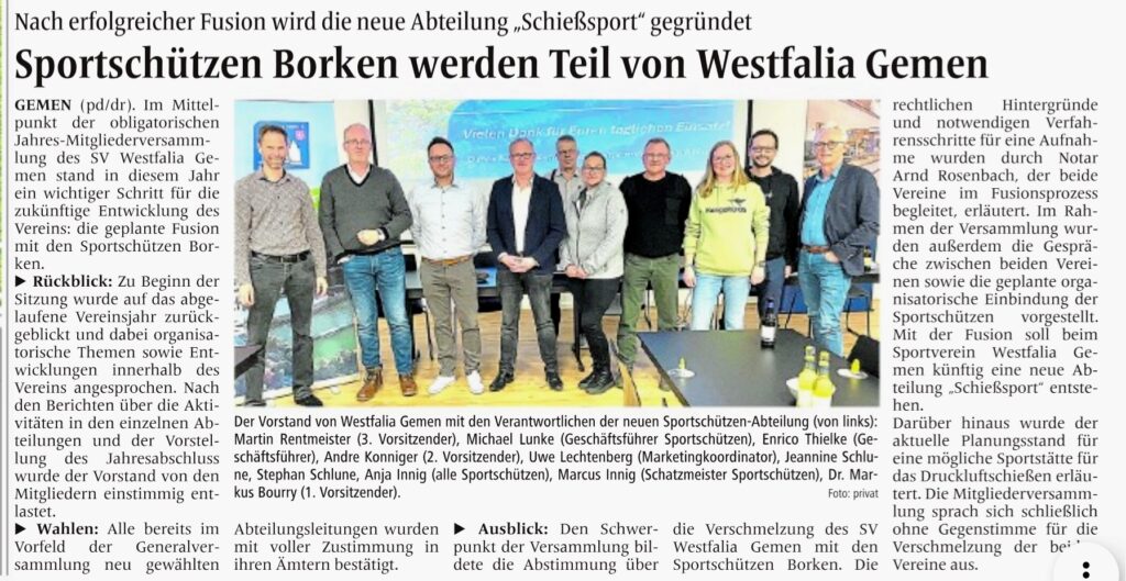 Das Bild zeigt den Vorstand von Westfalia Gemen mit den Verantwortlichen der neuen Sportschützenabteilung